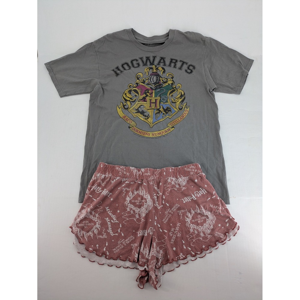 Harry Potter Hogwarts Pajamas Women Small Gray Red Marauders Map Sleepwear Read